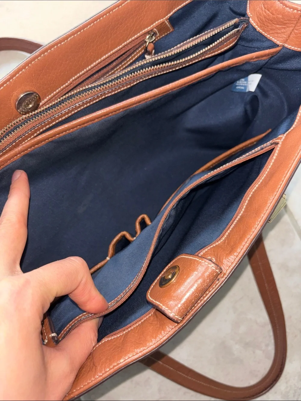 Cole Haan Brown Leather Tote Bag with Navy Interior
